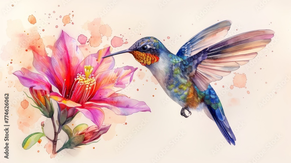   A stunning watercolor depiction of a hummingbird sipping nectar from a pink blossom against a backdrop of another pink bloom