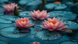  A cluster of pink water lilies floats on a body of water, sprinkled with droplets of water