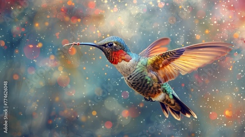  Hummingbird flying in clear air against a bright light bokeh background