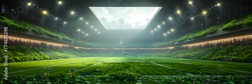 Football stadium design with green grass and lig, A stadium filled with excited fans a football field in the foreground background