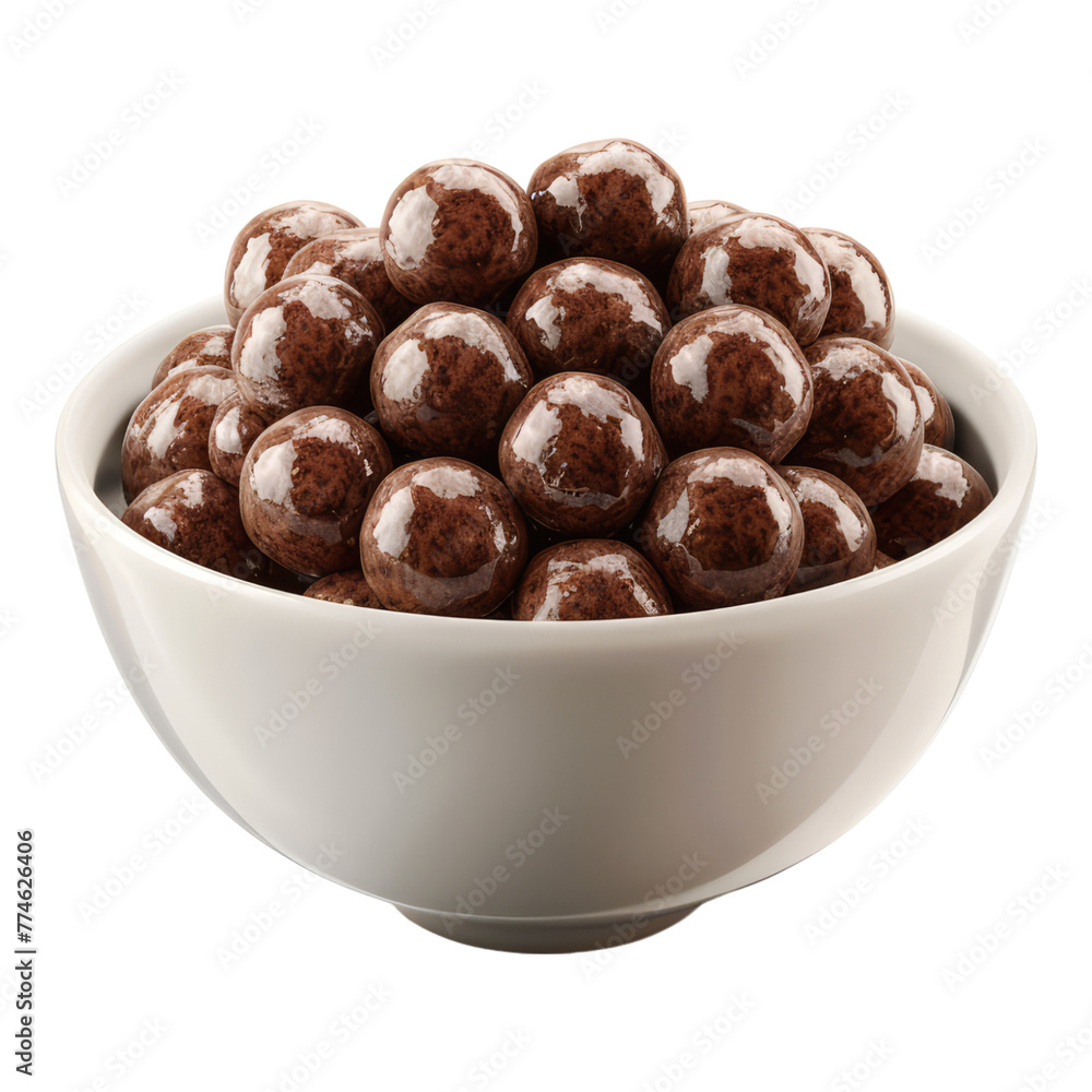 Chocolate malt balls on white bowl isolated on transparent background Chocolate malt balls on white bowl isolated on transparent background