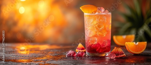  A tight shot of a glass holding a drink, adorned with orange slices and a pineapple nearby