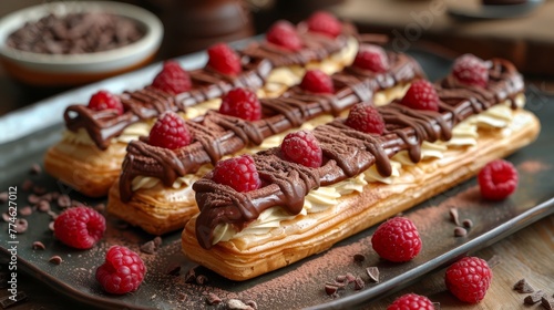  A waffle on a black plate with chocolate and raspberries drizzled on top