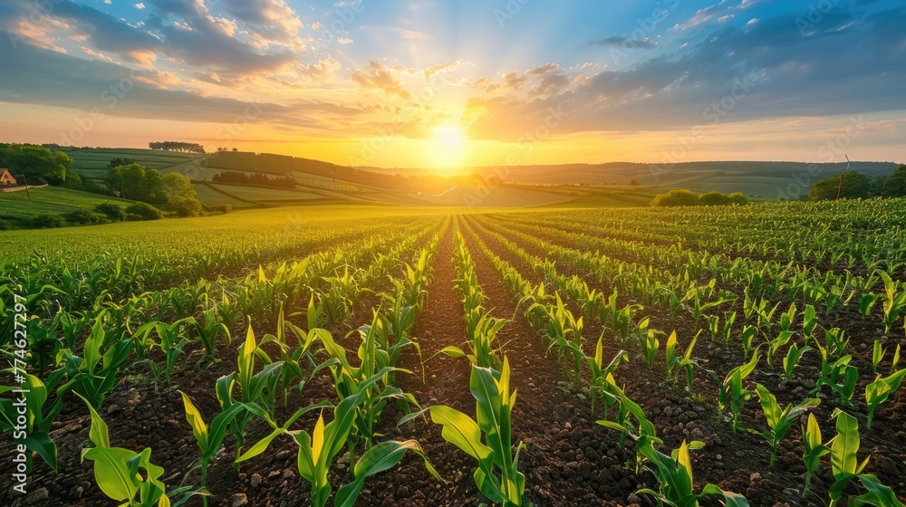 corn field or maize field at agriculture farm in the morning sunrise