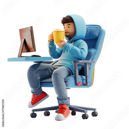 3D businessman programmer enjoys coffee break on chair photo