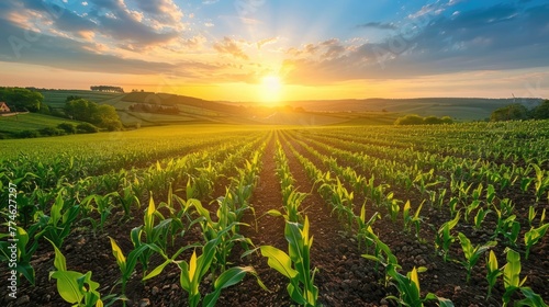 corn field or maize field at agriculture farm in the morning sunrise photo