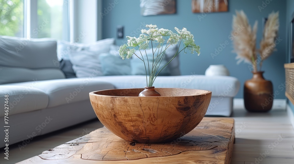   A wooden bowl filled with vibrant flowers rests atop a table, surrounded by a tranquil room adorned with blue walls and a plush white couch