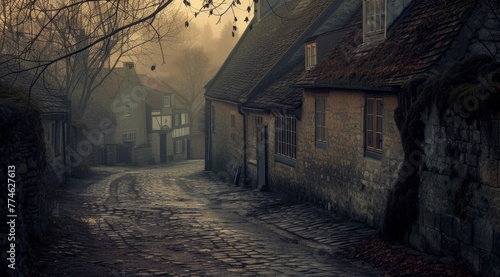  A cobblestone road flanked by houses and trees, with a fog-laden sky in the backdrop