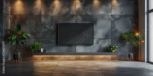 Modern Living Room Interior with HomeEntertainment, Leather sofa and a wooden table in living room interior with plant,tv on concrete wall.3d rendering photo