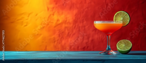   A glass holding a drink with a lime slice at the edge, against a red backdrop