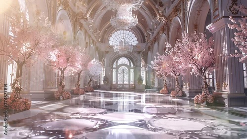 luxury hall in palace with pink trees illustration. seamless looping overlay 4k virtual video animation background