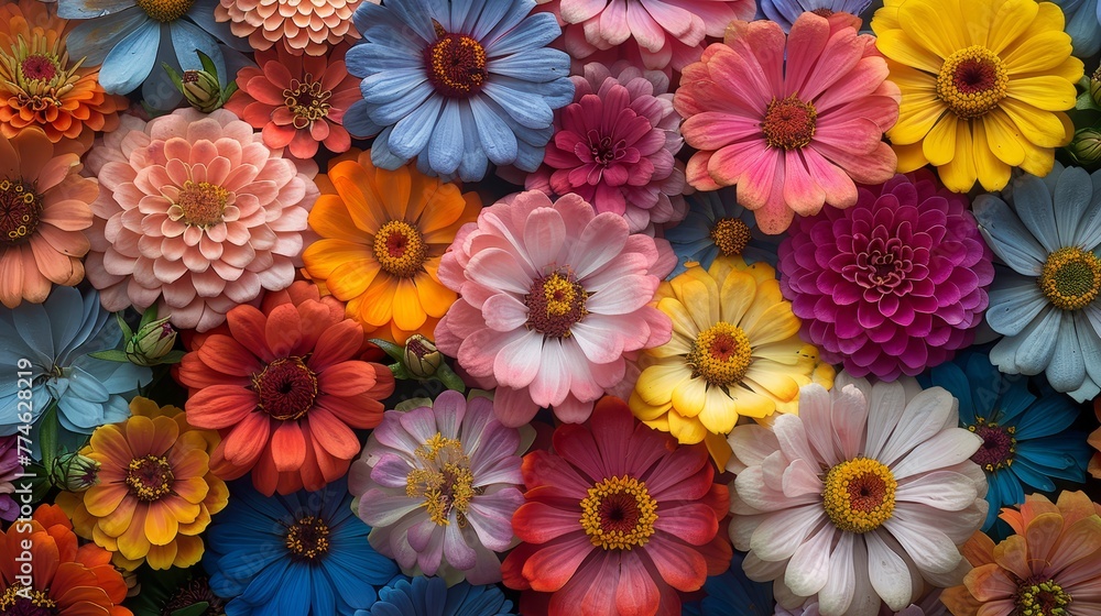   A close-up of colorful flowers filling the center of the image, with the bottom half partially visible