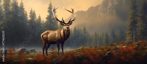 A serene scene of a deer standing gracefully in a peaceful field surrounded by lush green trees and scattered rocks