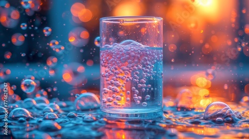   A tight shot of a glass filled with water on a table Droplets cling to the surface  while the background softly blurs