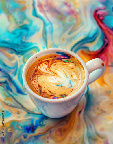 A cup of coffee with swirls and a colorful abstract background photo