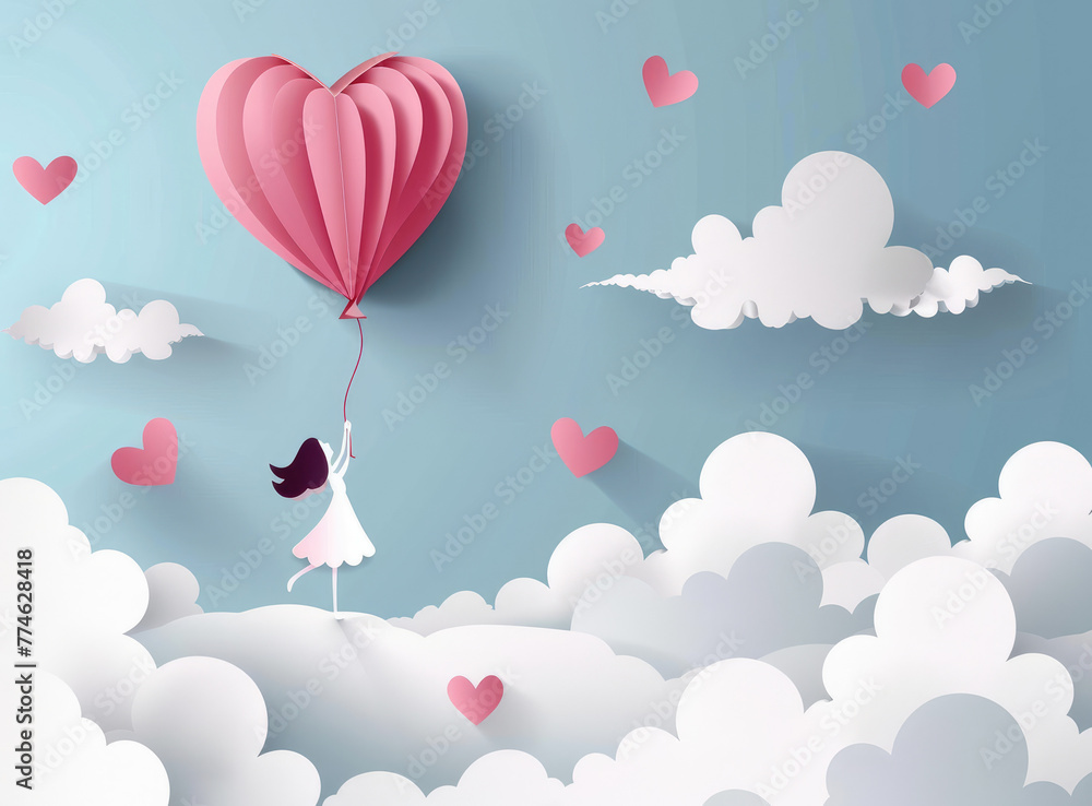 A cute paper art style cartoon figure holding onto heart-shaped balloons, floating in the sky with clouds and small pink hearts around it on a light blue background. Valentine's Day concept.