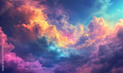   A sky filled with numerous clouds, encircled by a rainbow hue in their midst © Mikus