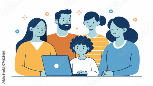 A sketch of a family gathered around a computer screen participating in a virtual support group or counseling session to help each other deal