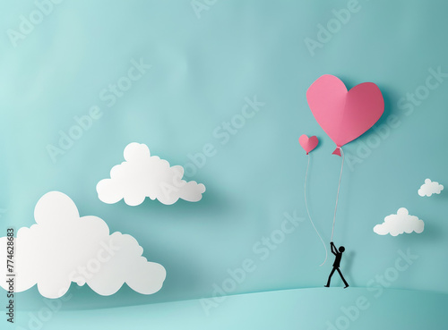 A cute paper art style cartoon figure holding onto heart-shaped balloons  floating in the sky with clouds and small pink hearts around it on a light blue background. Valentine s Day concept.