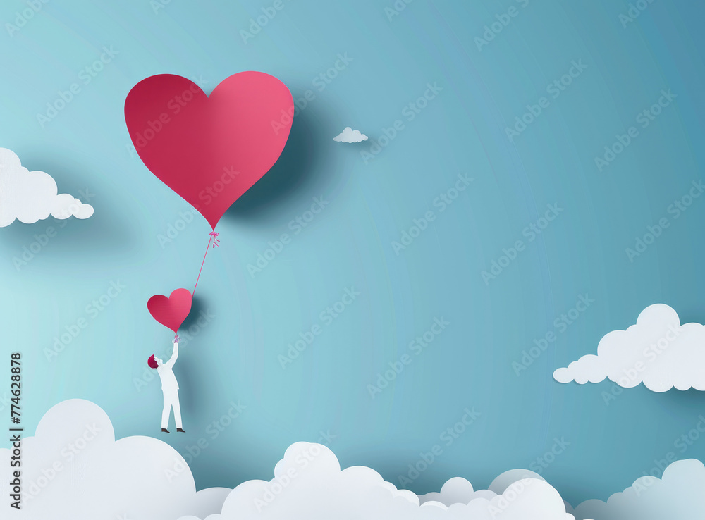 A cute paper art style cartoon figure holding onto heart-shaped balloons, floating in the sky with clouds and small pink hearts around it on a light blue background. Valentine's Day concept.