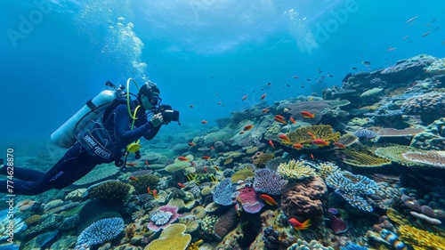 Divers photograph corals and fish  marine life..world ocean day world environment day Virtual image.