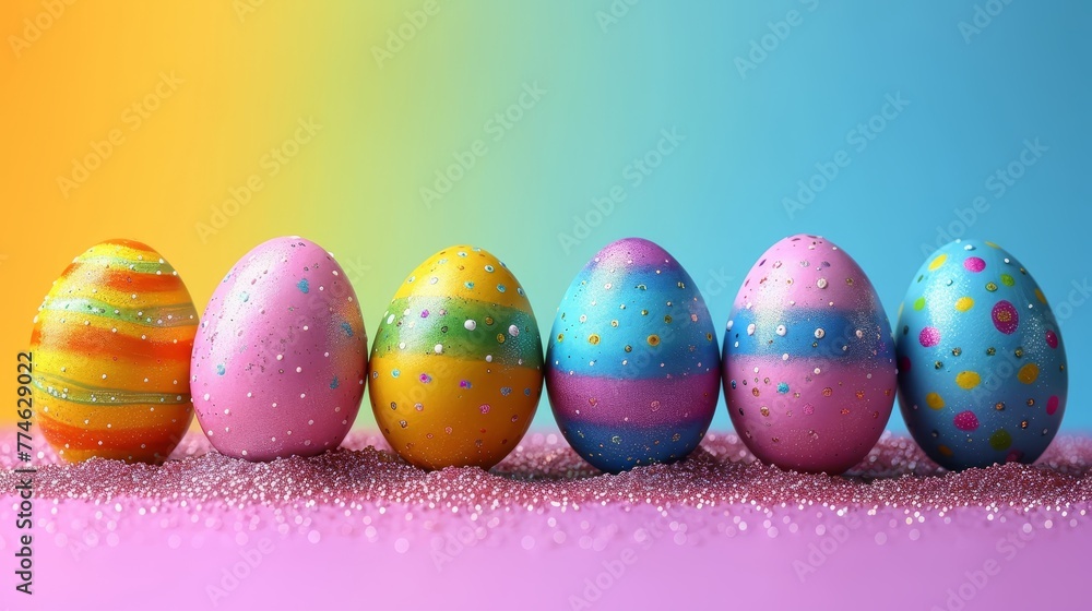 A row of painted eggs atop a pink and blue sprinkled surface A row of painted eggs atop a pink and blue sprinkled surface