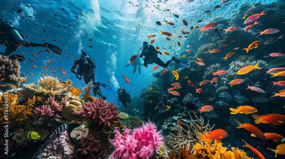 Divers photograph corals and fish, marine life..world ocean day world environment day Virtual image. - obrazy, fototapety, plakaty 