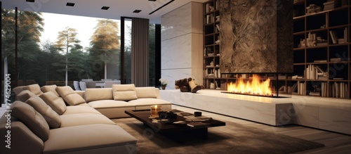 Warm and inviting living room featuring a fireplace with couch in front of a bookcase filled with books