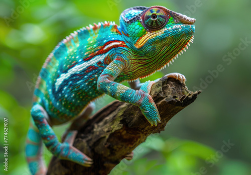 Beautiful chameleon with green, blue and red stripes on its back is perched gracefully atop an old wooden branch © Kien
