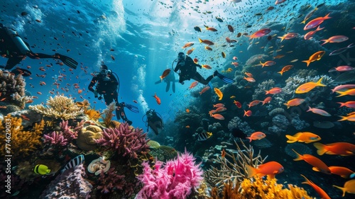 Divers photograph corals and fish, marine life..world ocean day world environment day Virtual image. © Tong