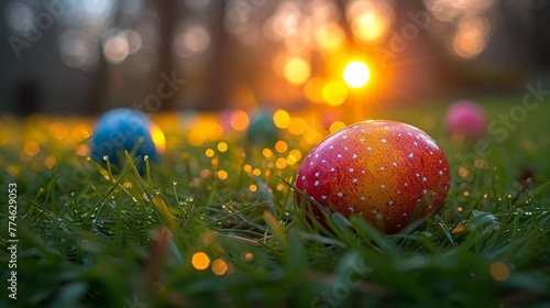  A group of brightly colored eggs sits atop a lush, green grass dotted with dewdrops