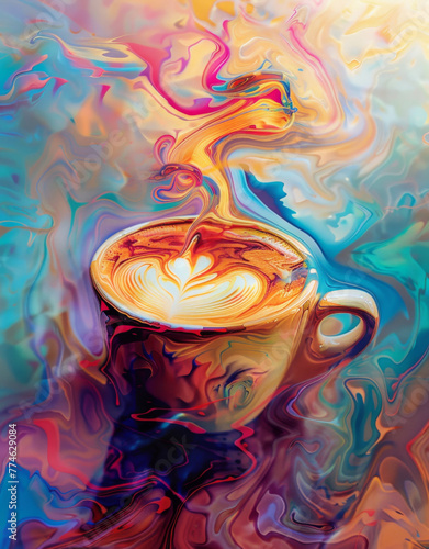 Cup of coffee with swirling colors and a warm glow against vibrant hues