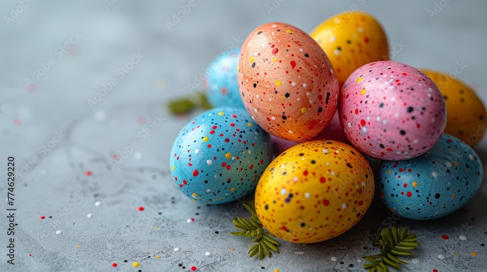   A collection of painted eggs stacked on a gray-clothed table, adorned with confetti and sprinkles