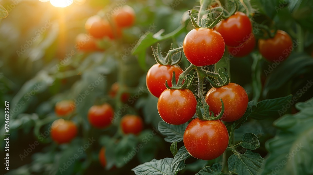   Close-up of several tomatoes growing on a plant under sunlight filtering through the leaves