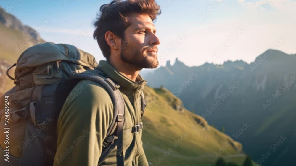 a hiker with a backpack, looking to the side, beautiful landscape a hiker with a backpack, looking to the side, beautiful landscape