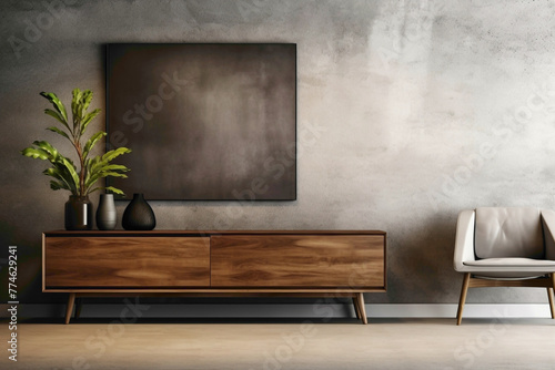 Texture and wood elements in modern living room with cabinet, dresser, and mock-up poster frame on concrete wall. © ASMAT