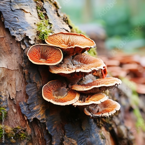 Group of mushrooms growing on a tree trunk in the autumn forest