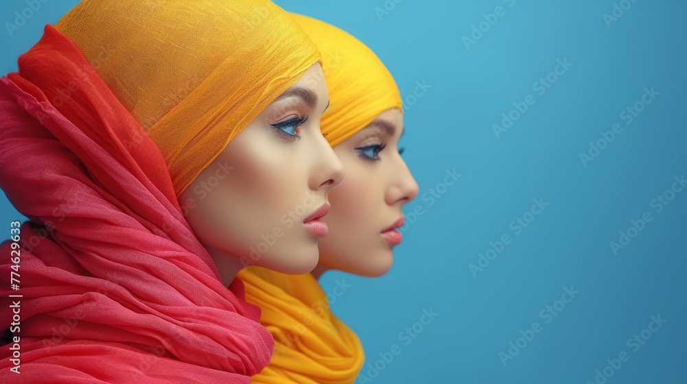   Two mannequins donned in headscarves and scarves are positioned against a blue backdrop - obrazy, fototapety, plakaty 