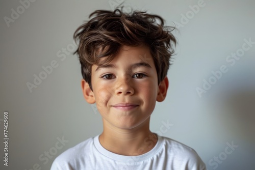 Portrait of a cute young boy with curly hair smiling at the camera