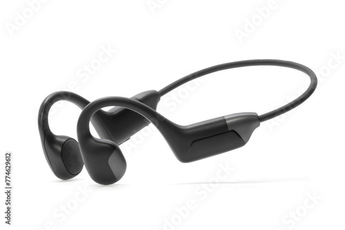 Black bone-conduction earphones photographed from the side