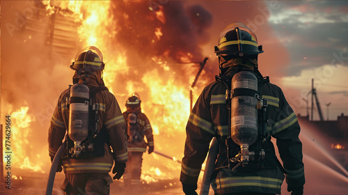 .Firefighters walk through the fire to extinguish the fire. They are wearing protective clothing