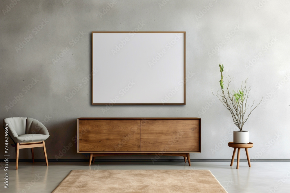 Texture and wood elements in modern living space with cabinet, dresser, and empty poster frame on concrete wall.