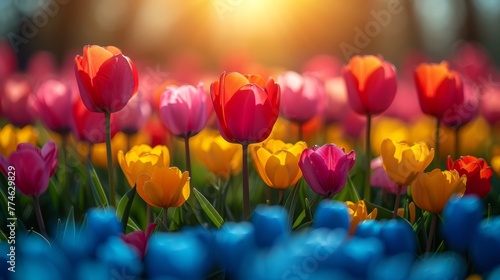  A field filled with colorful tulips; sun shines through the background trees