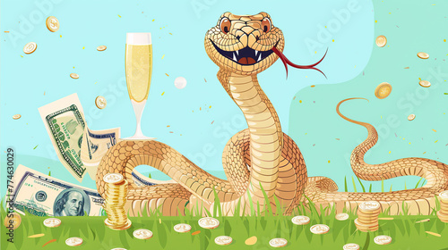.The lucky snake is the symbol of the year with a glass of champagne and money