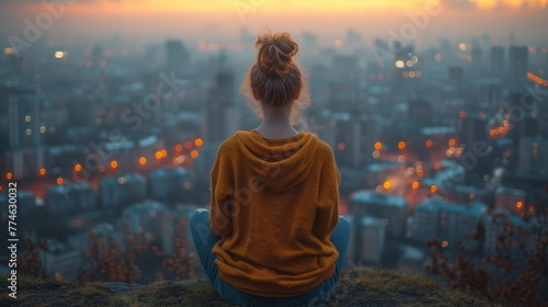   A woman atop a hill gazes upon a city, night's fall casting lights on edifices in the distance photo