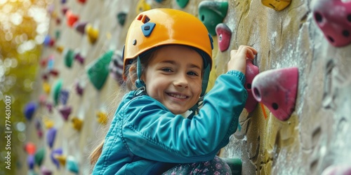 A Child girl sports exercises climbing on climbing wall