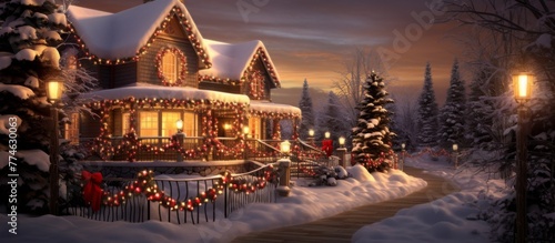 A snowy scene featuring a house beautifully decorated with Christmas lights and glowing in the winter night