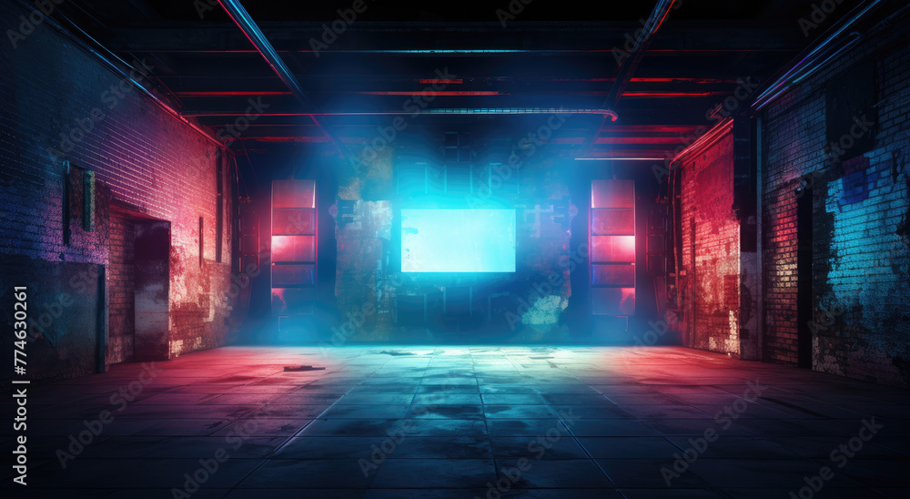 Background of an empty corridor, garage, stage, cement floor, basement, tunnel with brick, old walls and neon lights. Brick walls, neon, smoke and spotlight. Empty background scene, bright.