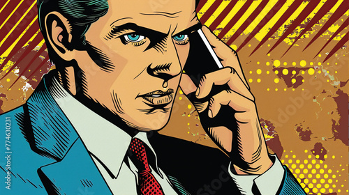 .A man with a serious face is talking on the phone. The concept of a phone scam
