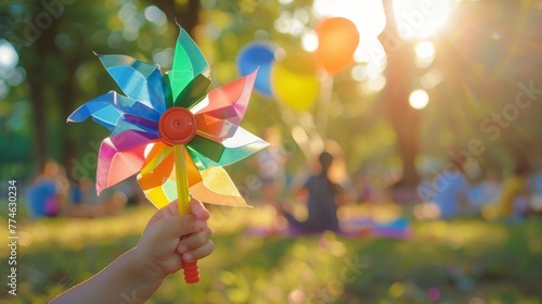 Windmill toy with rainbow colors, joyful Children's Day in green park. Colorful windmill in child's hand on a sunny Children's Day morning. photo
